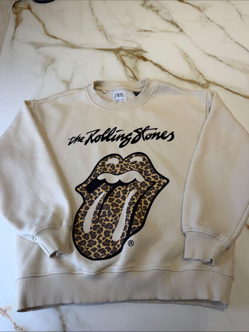 ZARA kids Cream Crewneck Sweatshirt with Leopard Tongue Graphic